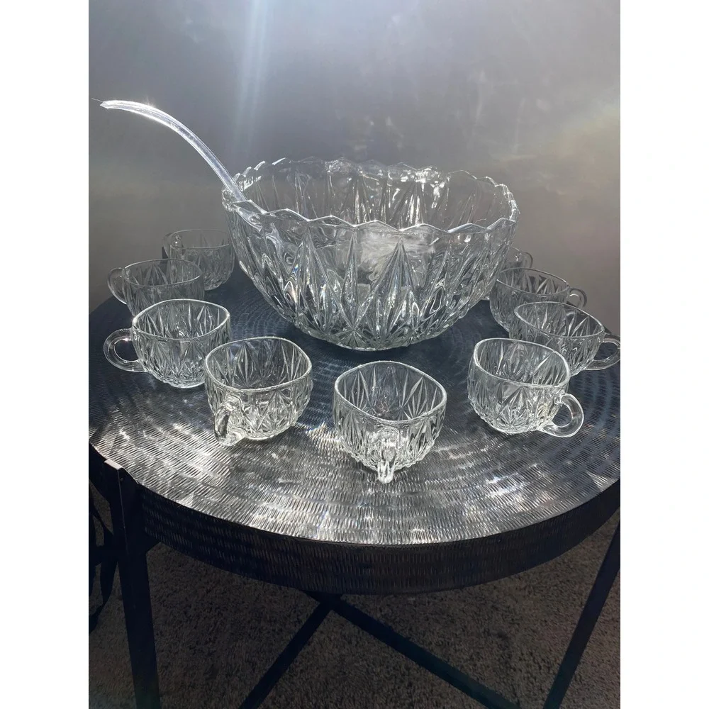Williamsport  Vintage 12 Pc Prescut Crystal Punch Bowl Set w 10 Cups + Ladle
